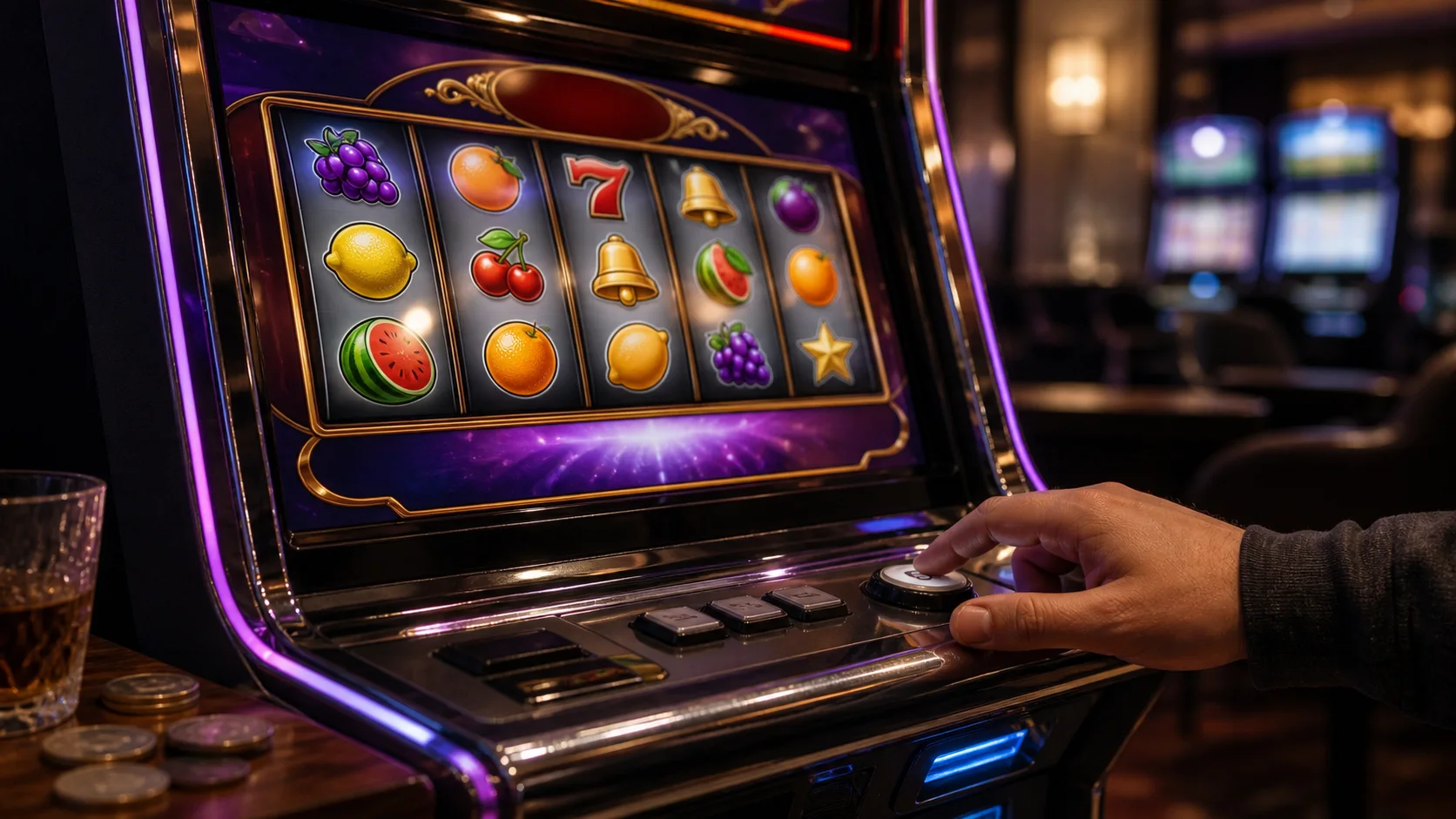 Máquina de caça-níqueis em ambiente de cassino com rolos e símbolos clássicos